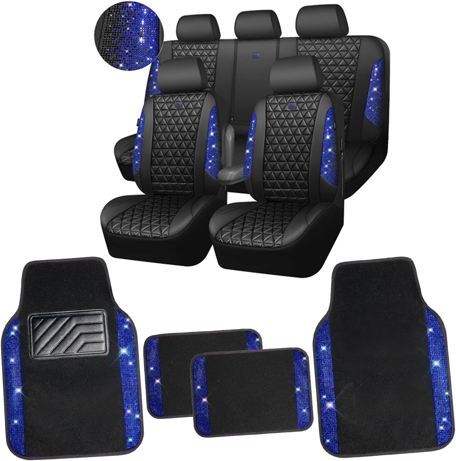 CAR PASS Bling Diamond Black Leather Car Seat Cover Full Seats Car Floor Mats Interior Sets, Waterproof Shining Glitter Sparkly Crystal Universal Armrest Fit Automotive Truck SUV Cute Women Girl Blue