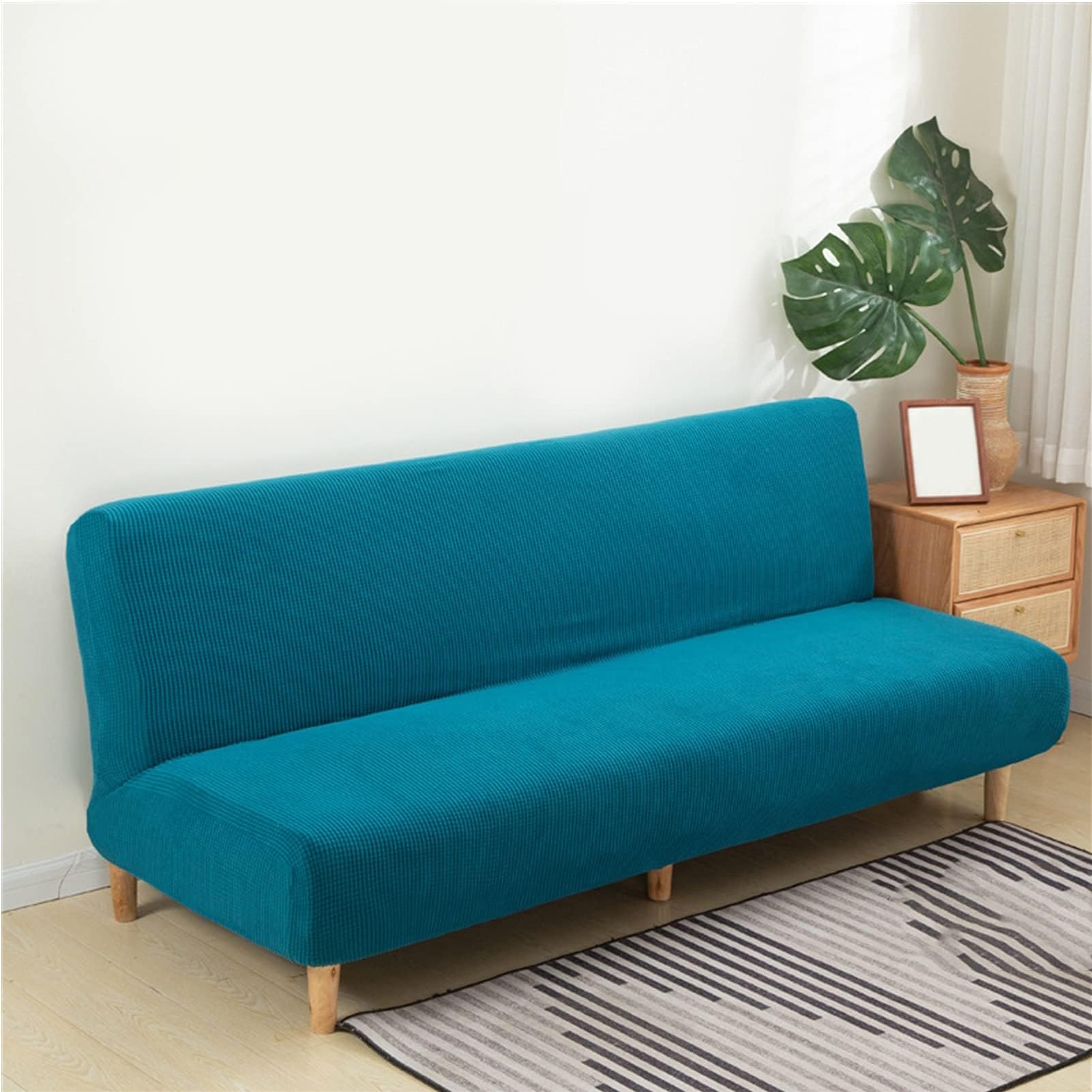 Generic Armless Sofa Cover Solid Color Armless Sofa-bed Cover Four Seasons Universal Large Stretch Living Room Decorative Bench Cover (Color : Teal, Size : Small)