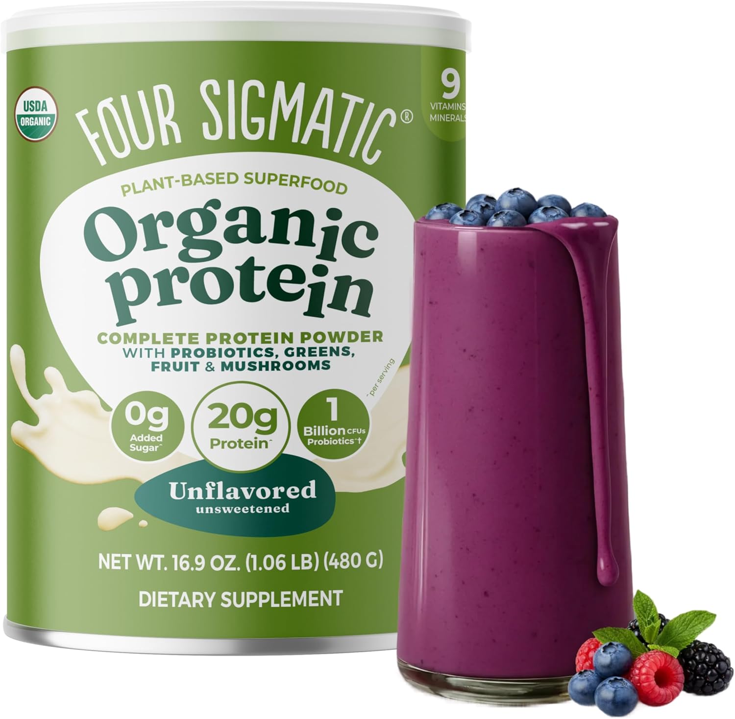 Four Sigmatic Organic Plant-Based Protein Powder | Clean Vegan Protein Elevated with Lion’s Mane, Chaga, Cordyceps and More for Brain Function and Immune Support | Unflavored, 16.9 oz