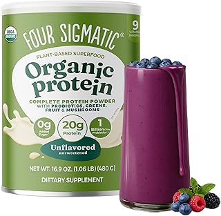 Four Sigmatic Organic Plant-Based Protein Powder | Clean Vegan Protein Elevated with Lion’s Mane, Chaga, Cordyceps and More for Brain Function and Immune Support | Unflavored, 16.9 oz