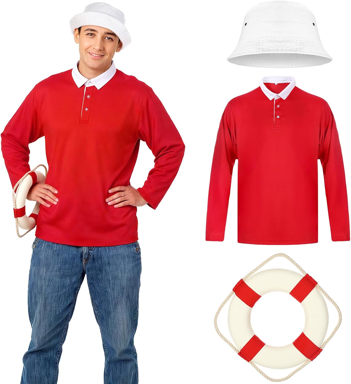 Men Shirt Hat Outfit with Life Preserver Ring Decorative, Adult Halloween Cosplay Shirt Cap Suit Set