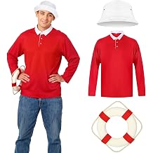 Men Shirt Hat Outfit with Life Preserver Ring Decorative, Adult Halloween Cosplay Shirt Cap Suit Set
