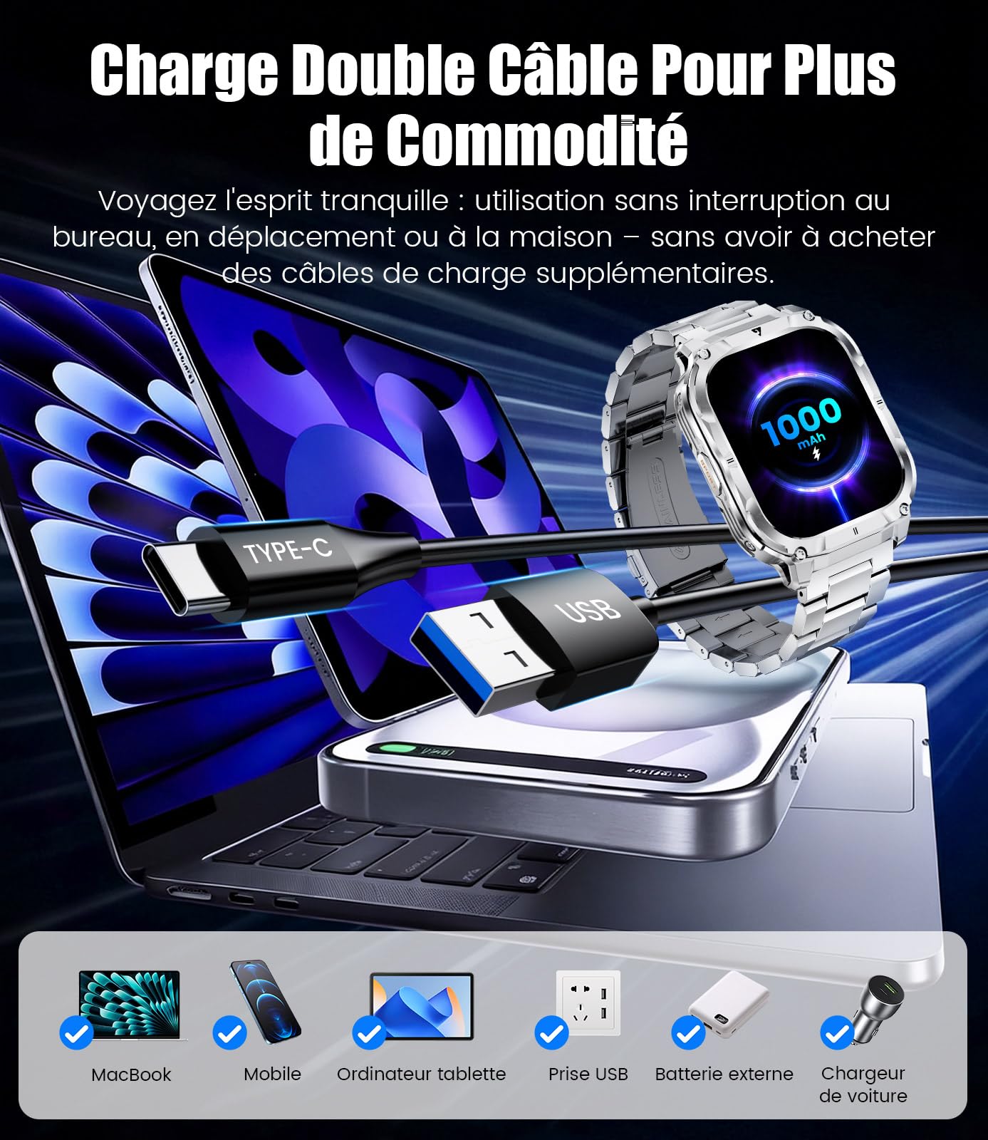 LIGE Montre Connectée Homme avec 1000mAh/2.0'' HD Grand Écran/LED Lampe,Smartwatch Homme avec Moniteur de Fréquence Cardiaque et Sommeil/110+ Modes Sportifs,IP68 Étanche Android iOS,Argenté