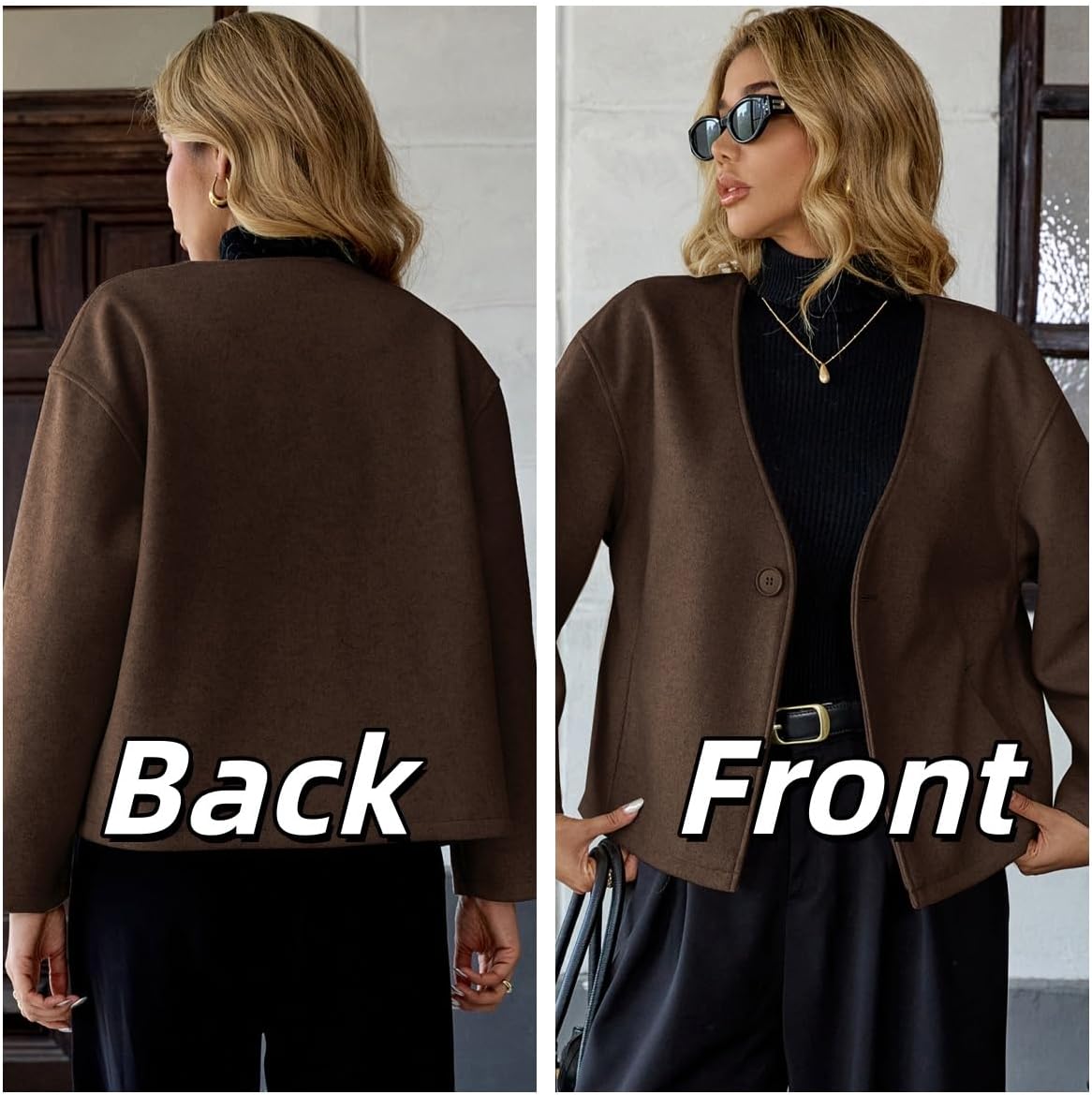 HOTIAN Women Cropped Wool Blend Coats Long Sleeve Coat Jacket Peacoat Fall Winter Outwear Overcoat - Image 2