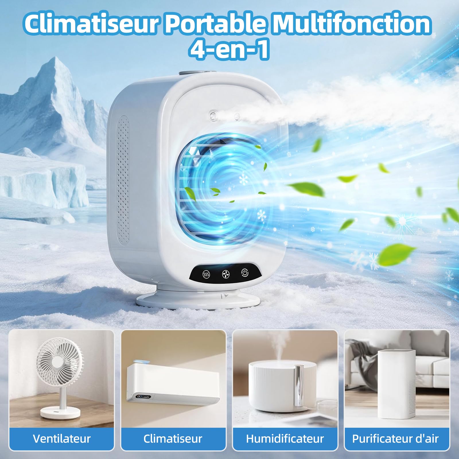 Climatiseur Mobile Portable, Mini Refroidisseur d'Air 4 en 1, Silencieux, 3 Vitesses, 300ML, USB, Ventilateur Brumisateur, Mini Clim pour Bureau, Chambre, Voiture, Camping(Blanc)
