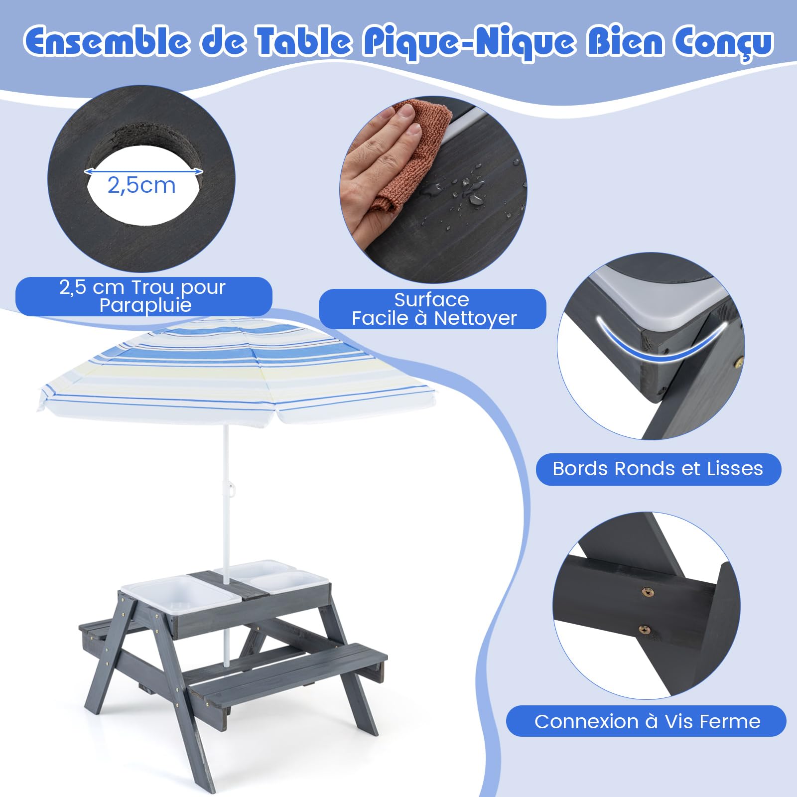 DREAMADE Table de Pique-Nique Enfant en Bois avec Parasol Amovible,Tables Extérieur Garçons Filles avec Bancs de Jardin&3 Boîtes à Couvercle,96x75x54CM (Grise+Coloré)