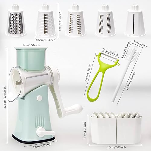 Miniatura 5 de Rallador de queso, rallador de queso giratorio 5 en 1, triturador de queso multiusos de acero inoxidable, rallador de queso con mango Rallado sin