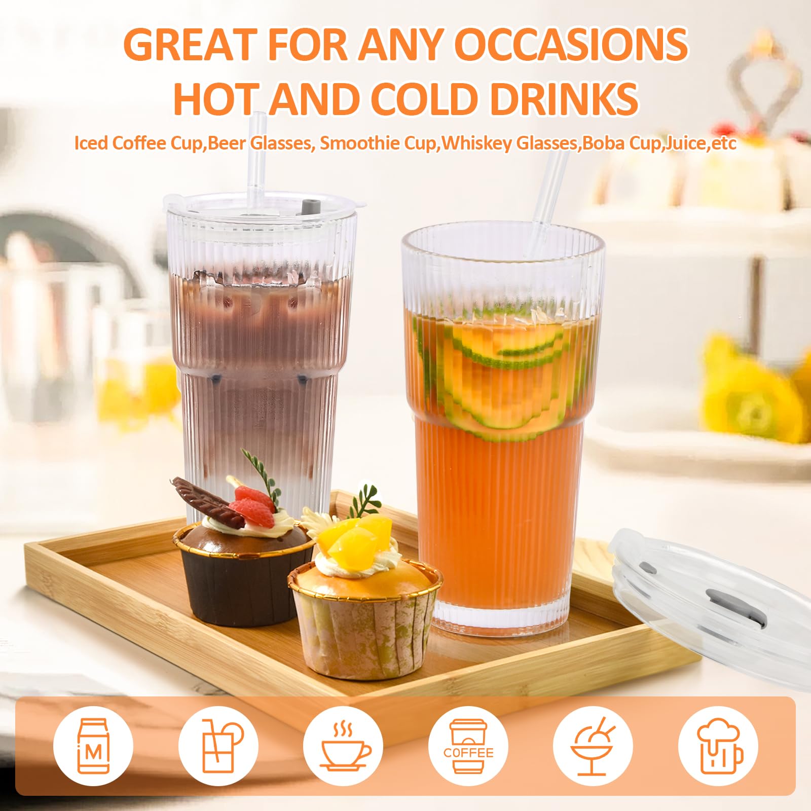 Lot De 2 Verres Avec Couvercle Et Paille 550ml - Verre à Thé Boba, Smoothie, Cocktail - Design Rayures