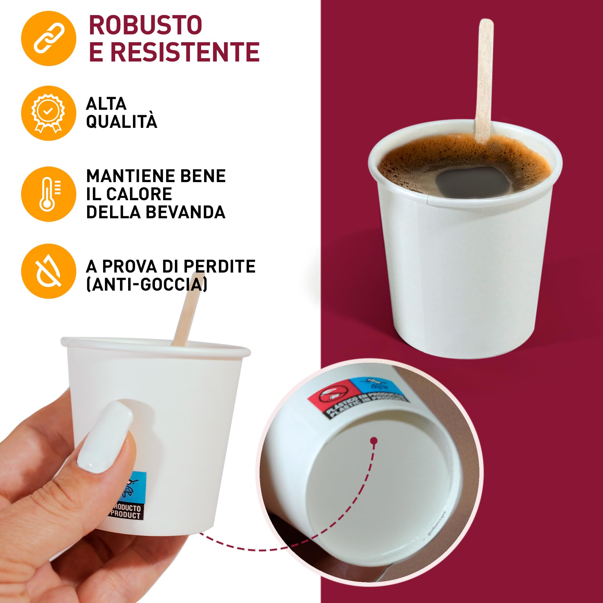 200 Bicchieri Di Carta Bianchi Da 240 Ml Per Caffè E Bevande Calde, Con Mescolatori In Legno. Perfetti Per Ufficio, Festa O Bar, Resistenti E Senza Odore.