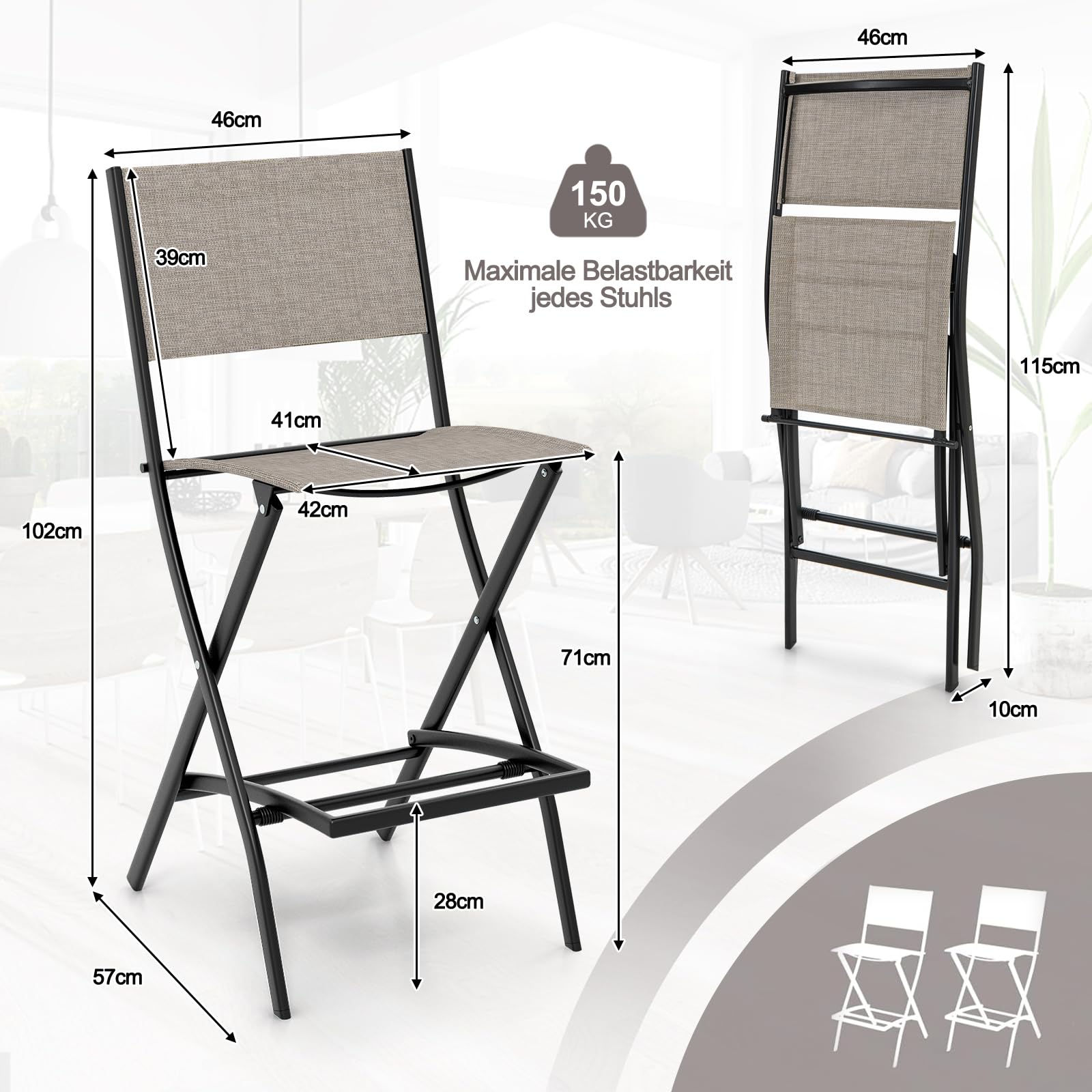 GOPLUS Juego de 2 Sillas de Jardín Plegables, Sillas de Comedor con Respaldo y Reposapiés, Sillas Altas para Césped, Terraza, Patio, 46 x 57 x 102 cm, Carga 150KG (Marrón)