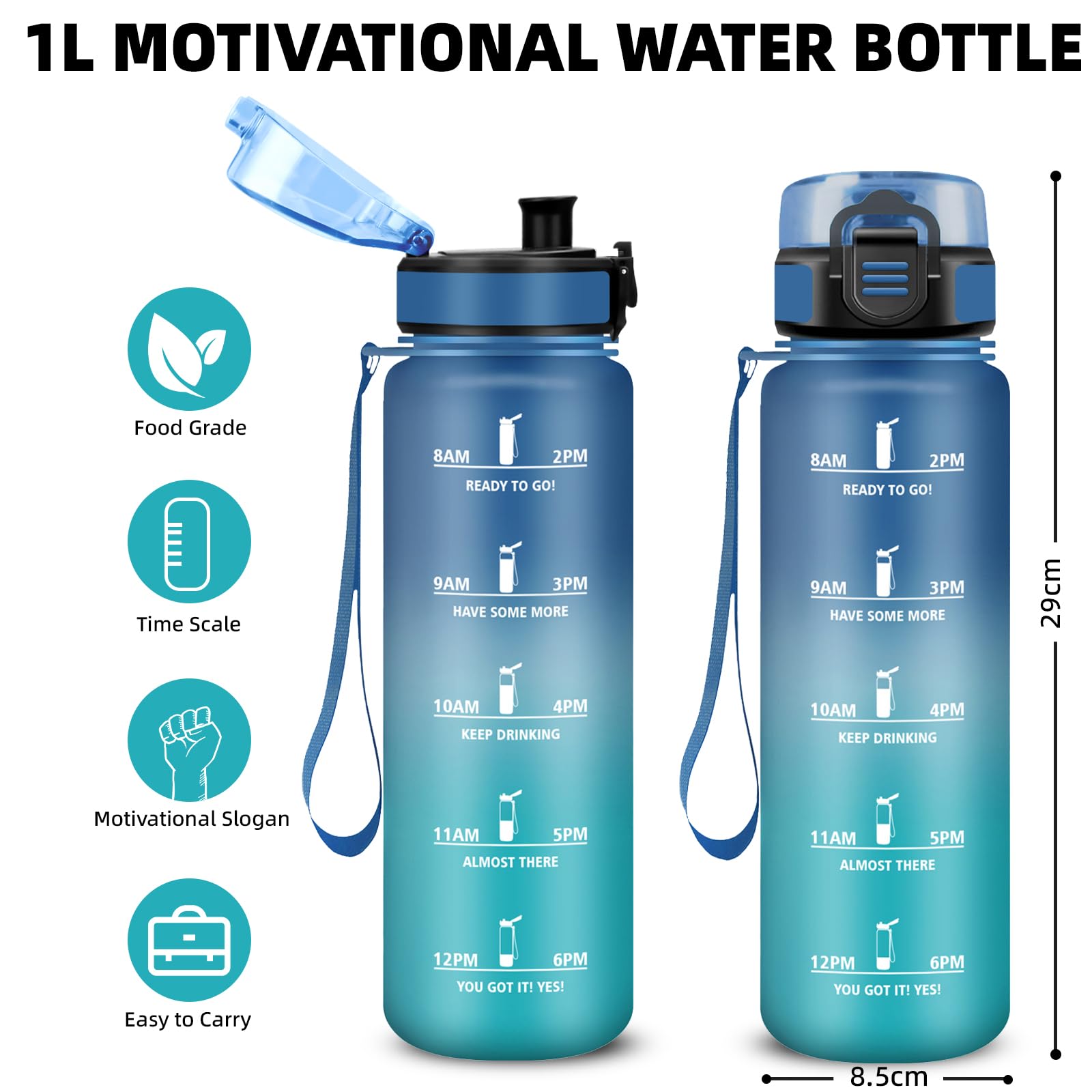 Borraccia Palestra, Borraccia 1 litro, Borracce Senza Perdite, Borracce Motivazionale, Facile da Trasportare, Bottiglia con Orari per Bere, Facile da Pulire, per Campeggio, Fitness, Yoga, Scuola