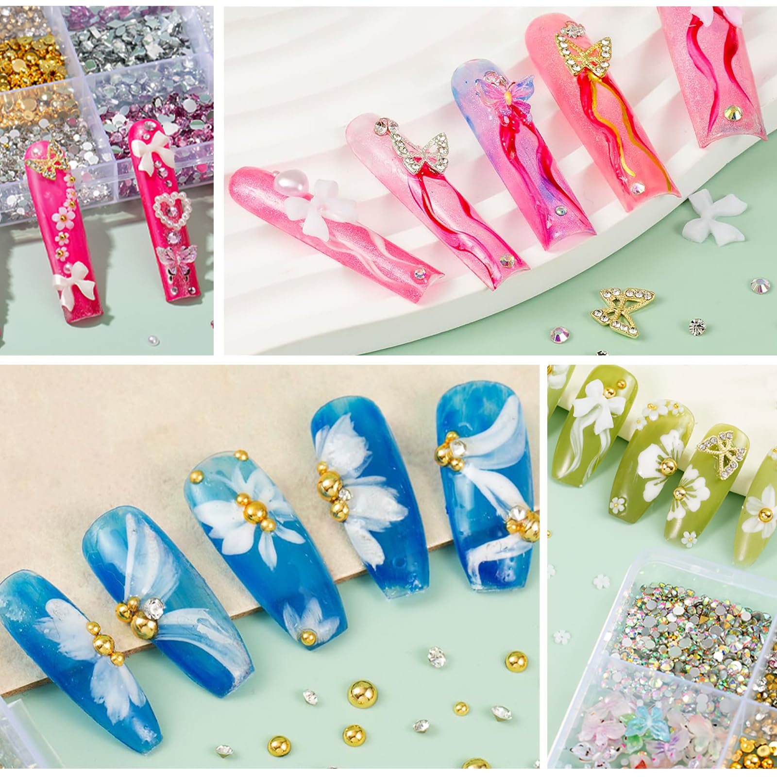 10000 Pezzi Fiocco Rosa Carino Cuore 3D Fiori Charms, Farfalla Dorata Chunky Decorazioni, Gioielli Per Unghie Diamanti Strass, Perline Per Nail Art