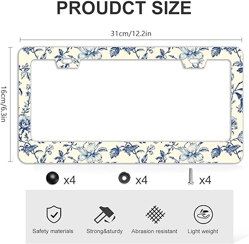 Miniatura 4 de Marcos de matrícula de flores azules  Juego de 2 piezas de 2 agujeros de acero inoxidable de metal para automóvil, accesorios de automóvil,