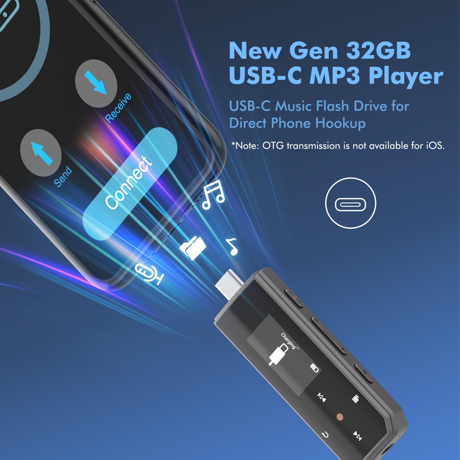 Przenośny odtwarzacz MP3 32 GB z Bluetooth 5.3, nagrywanie jednym kliknięciem, USB typu C i USB, klips, radio FM, połączenie z telefonem komórkowym, niezależny przycisk głośności
