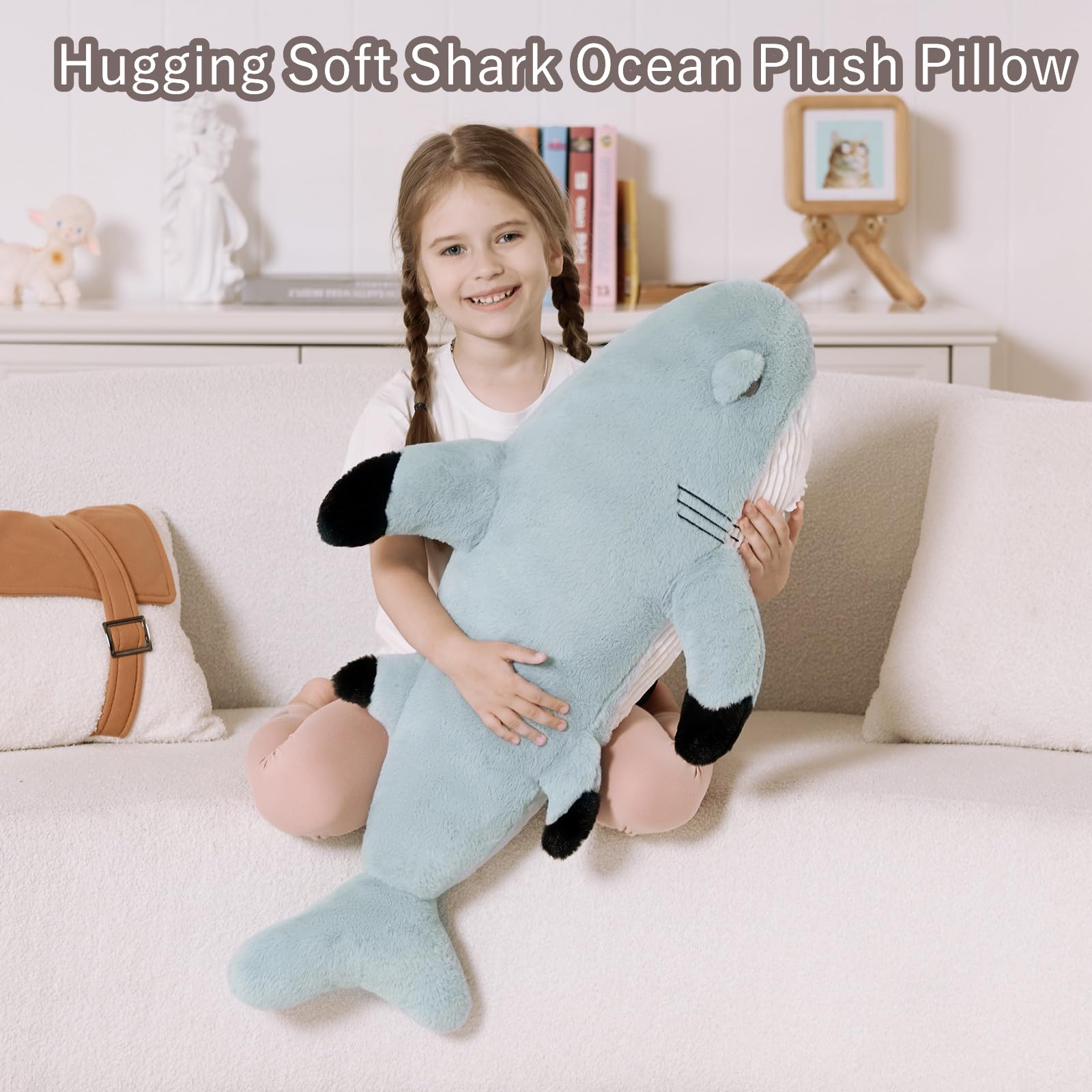 KERTA 32inches Shark Stuffed Animals, 2.6ft Large Gray Stuffed White Shark Plush Body Pillow for Girls Boys, Realistic Ocean Plush Toy Birthday Party Decora Gift for Adults 7