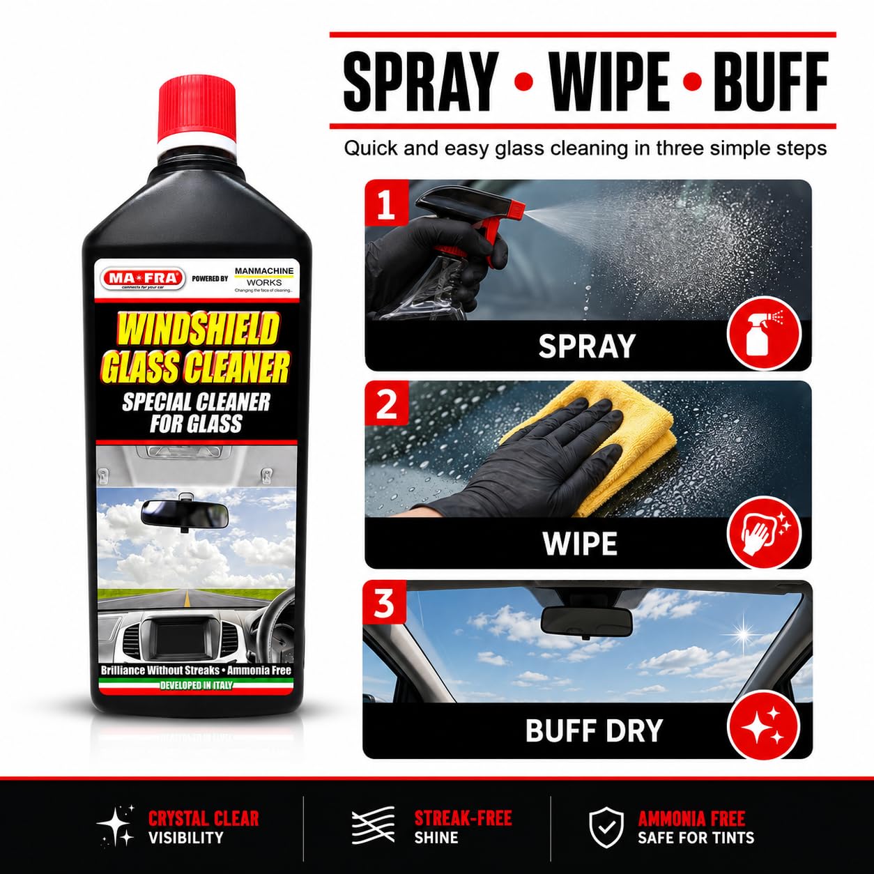 Windshield Glass Cleaner 1L | Ammonia Free Car Glass Cleaner Liquid for Windshield, Windows, Mirrors & Auto Glass | Streak-Free Shine, Removes Dust, Dirt, Grime & Road Film 2