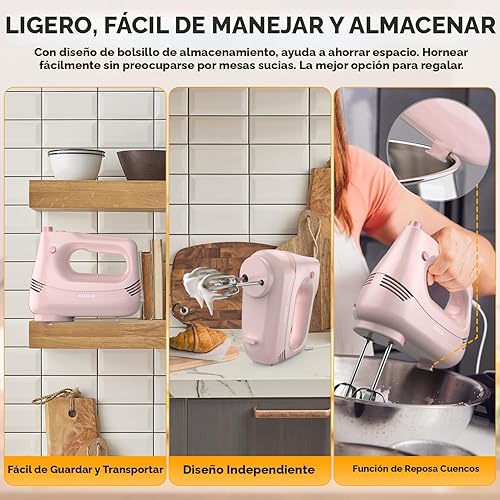 Miniatura 5 de Batidora de mano eléctrica con batidor de acero inoxidable, accesorio de gancho para masa y bolsa de almacenamiento, batidora de mano para hornear