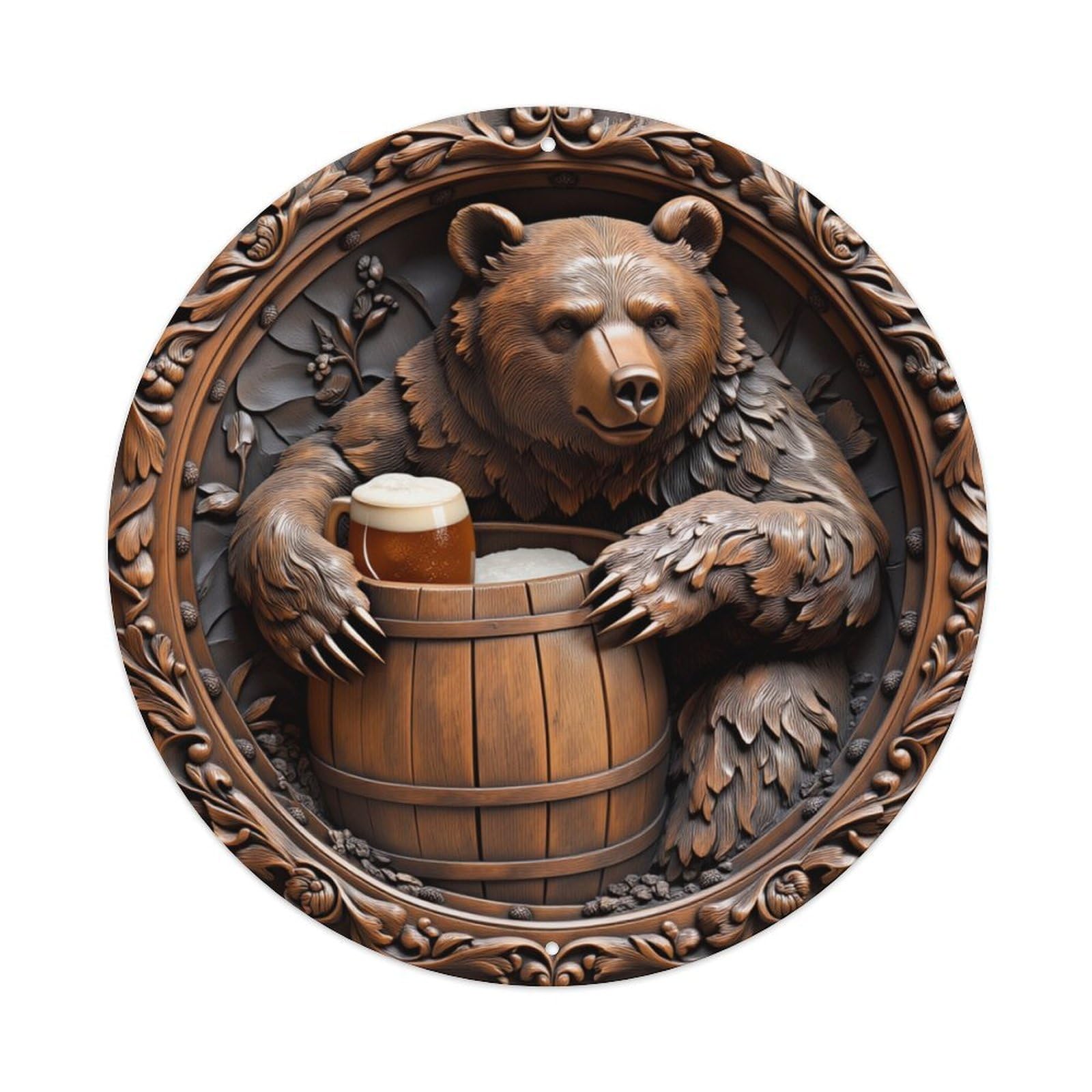 Bear Holding Beer Barrel Round Tin Sign Retro Metal Sign for Cafe Bar Pub Home Game Room Gym Club Wall Decoration Vintage Metal Poster 8x8 Inch