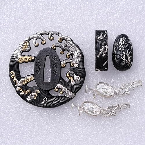 Miniatura 8 de BOHIHYU Espada Samurai Japonés Koshirae-Tsuba Fuchi Kashira Menuki Oro chapado en cobre