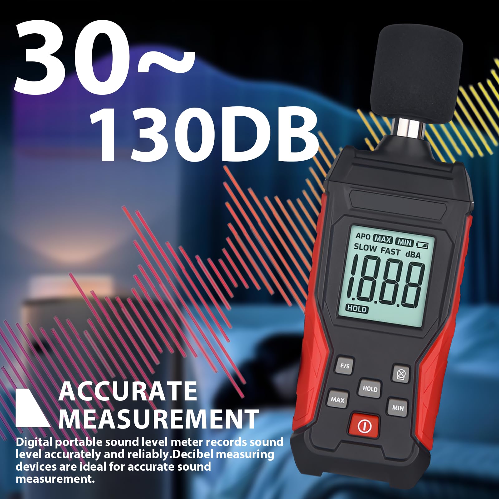Medidor de decibelios profesional con almacenamiento de datos | Medidor de nivel de sonido digital portátil | Medidor de nivel de sonido 30 – 130 dB (A/C) para casa, obra, oficina | Iluminación LCD