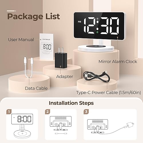 Miniatura 8 de Reloj despertador digital con carga inalámbrica, reloj LED con espejo para decoración de dormitorio con 5 brillos + apagado, cargador USB, volumen
