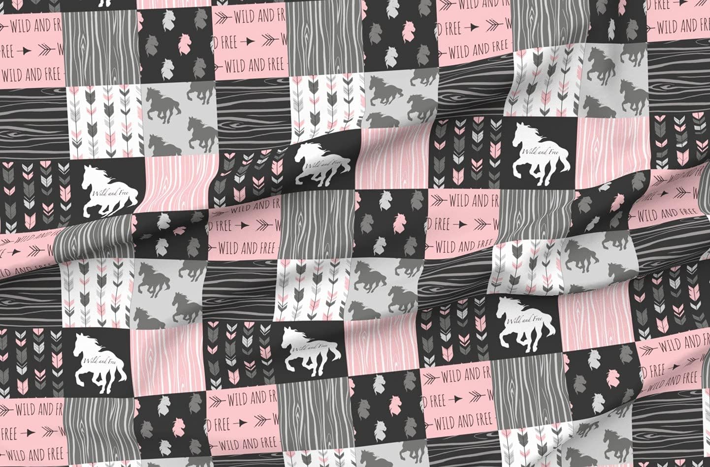 Spoonflower Fabric - Horse Patchwork Pink Black Wild Free Horses Western Cowgirl Printed on Polartec(R) Fleece Fabric by The Yard - Sewing Blankets Loungewear and No-Sew Projects