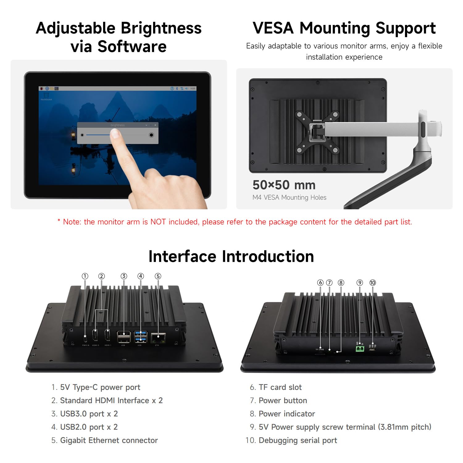 Waveshare Industrial HMI All-in-one Touch Display, Compatible with Raspberry Pi, 10.1inch Screen Monitor, Dual 4K HDMI Output, 10-Point Touch