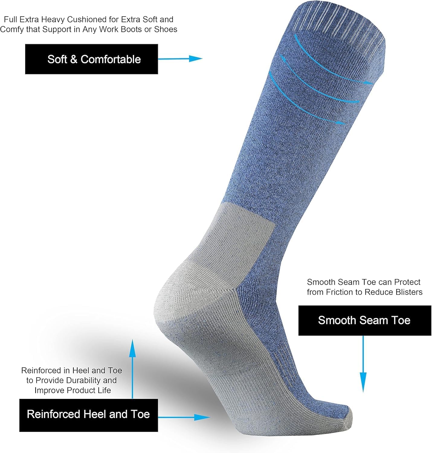 ToeSoleHeel Men's Cotton Cushion Mid-Calf Socks OTC Knee High Steel Toe Work Boots Thermal All Seasons - Image 5