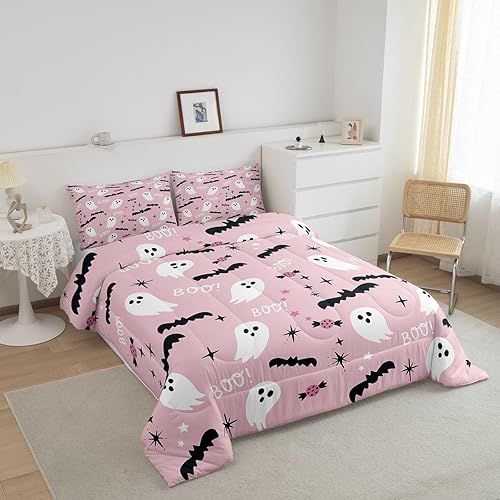 Miniatura 9 de Juego de edredón con estampado de calavera y fantasma para niños y niñas, lindo edredón de fantasma, tamaño matrimonial, juego de ropa de cama de