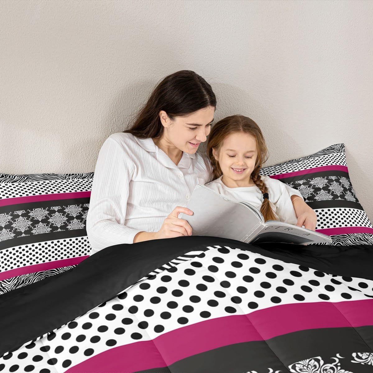 Castle Fairy Zebra Skin Prined Comforter Sets Toddler,Polka Dot Print Bedding Sets,Gothic Vintage Floral Quilted Duvet for Girls Woman Room Decor,Pink Black White Splicing Duvet Insert,1 Pillowcase