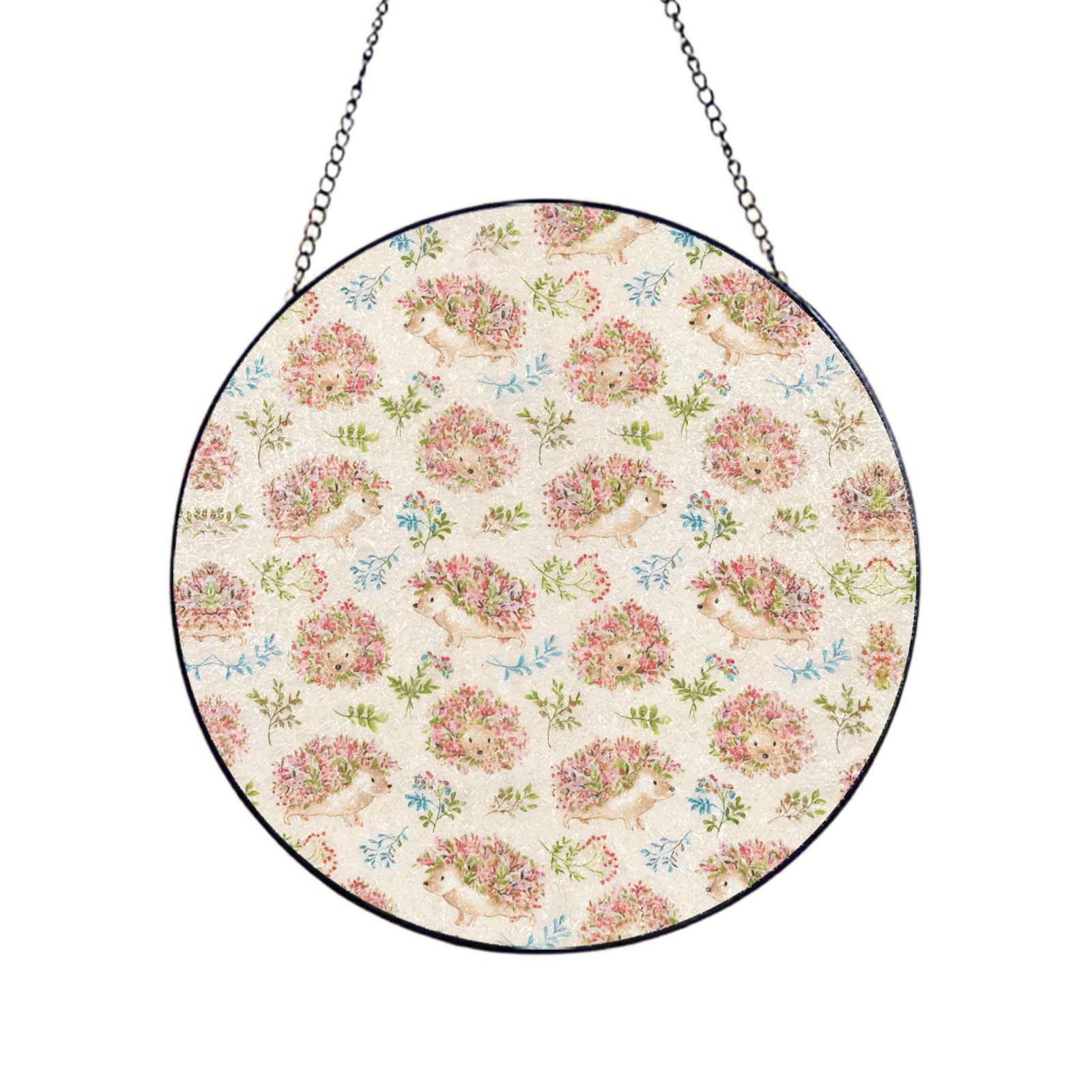 Phayah Floral Hedgehogs Print Stained Glass Window Hanging Suncatcher For Door Terrace Garden Home Decor Sun Catcher Birthday Gifts For Lovers Dad Mom 4in（10cm）