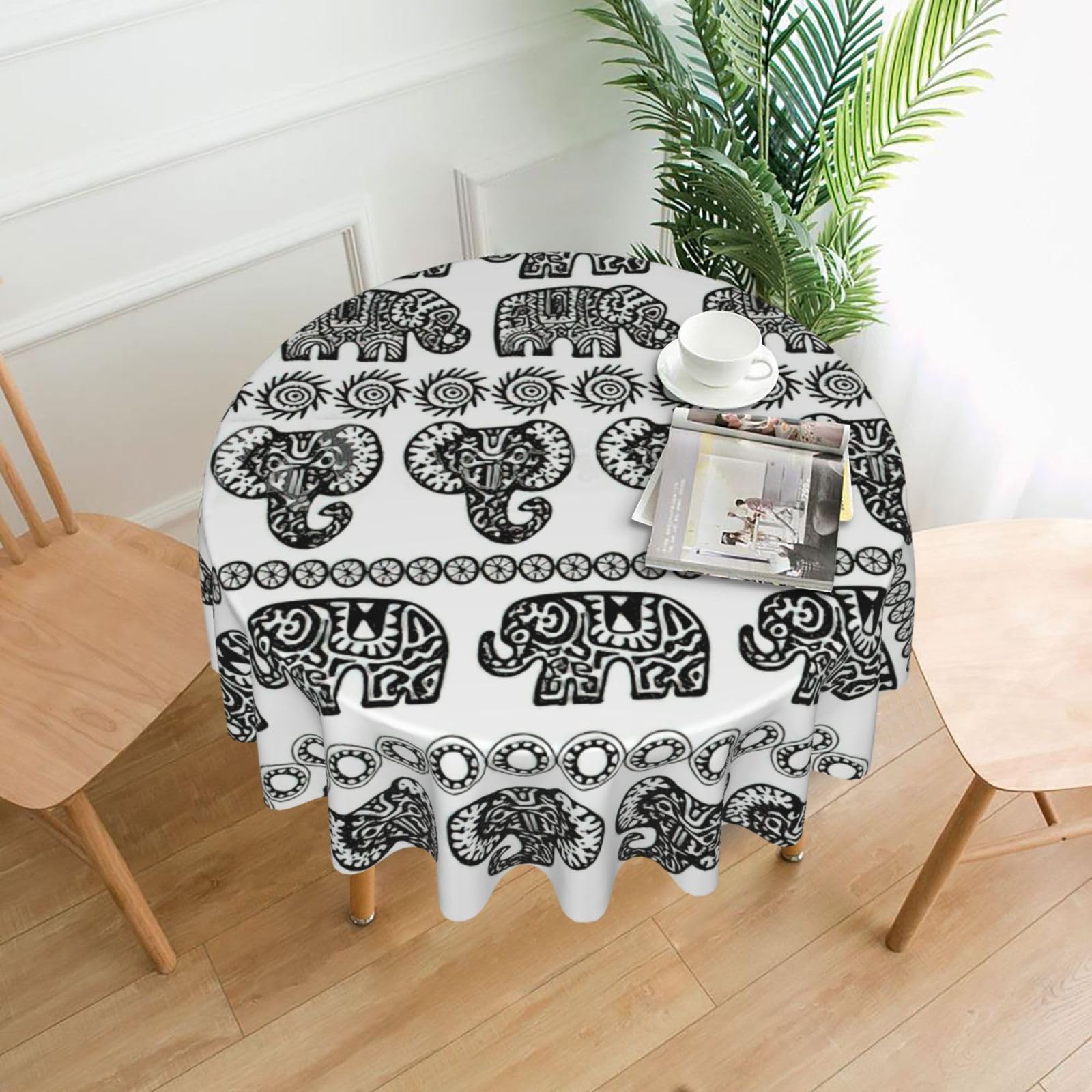 Uusnwaa Elephant Pattern Print Round Tablecloth 60 Inch, Stain Wrinkle Resistant Washable Polyester Table Cover For Kitchen Party