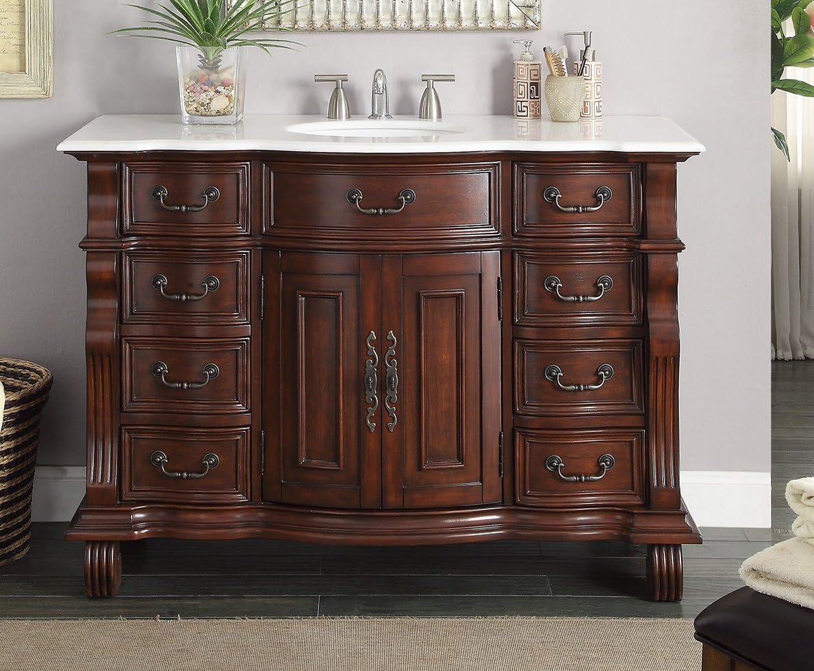 Benton Collection 50 Inch Hopkinton Bathroom Vanity with White Marble Stone Top, Wood Construction Cherry Brown Finish, Single Sink, 1 Cabinet, 8 Drawers, Antique Traditional Style