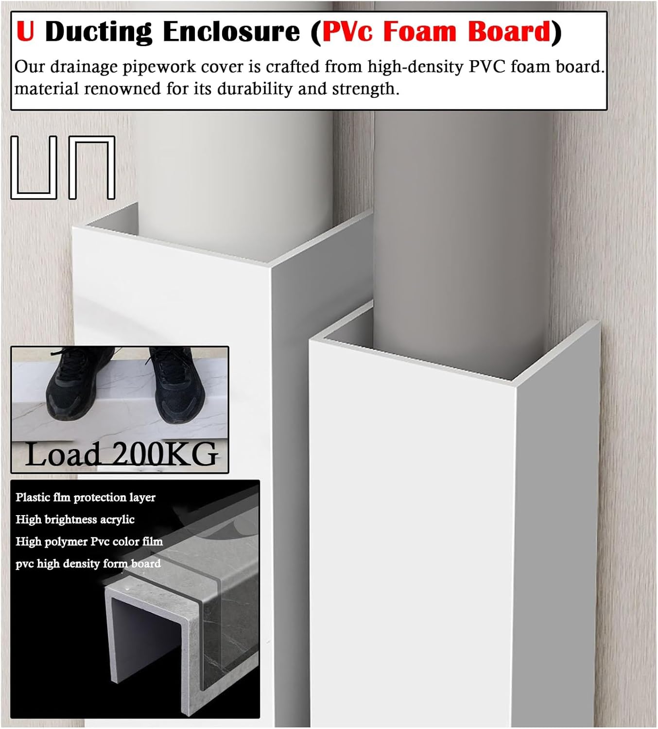 U Shape Pipework Concealer Box, Weatherproofing Pipe Coverings for Cooker Vent Plumbing/Kitchen Gas Lines, Wall Ducting Enclosure Hider for Decorative Ground Pipe(L X W 24 x 6in/60 X 15cm)
