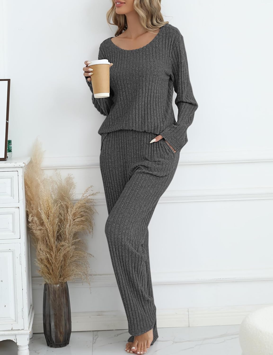 Women's Ribbed Knit Pajama Set Long Sleeve 2 Piece Loungewear Outfits Soft Pj Clothing Set with Pockets - Image 3