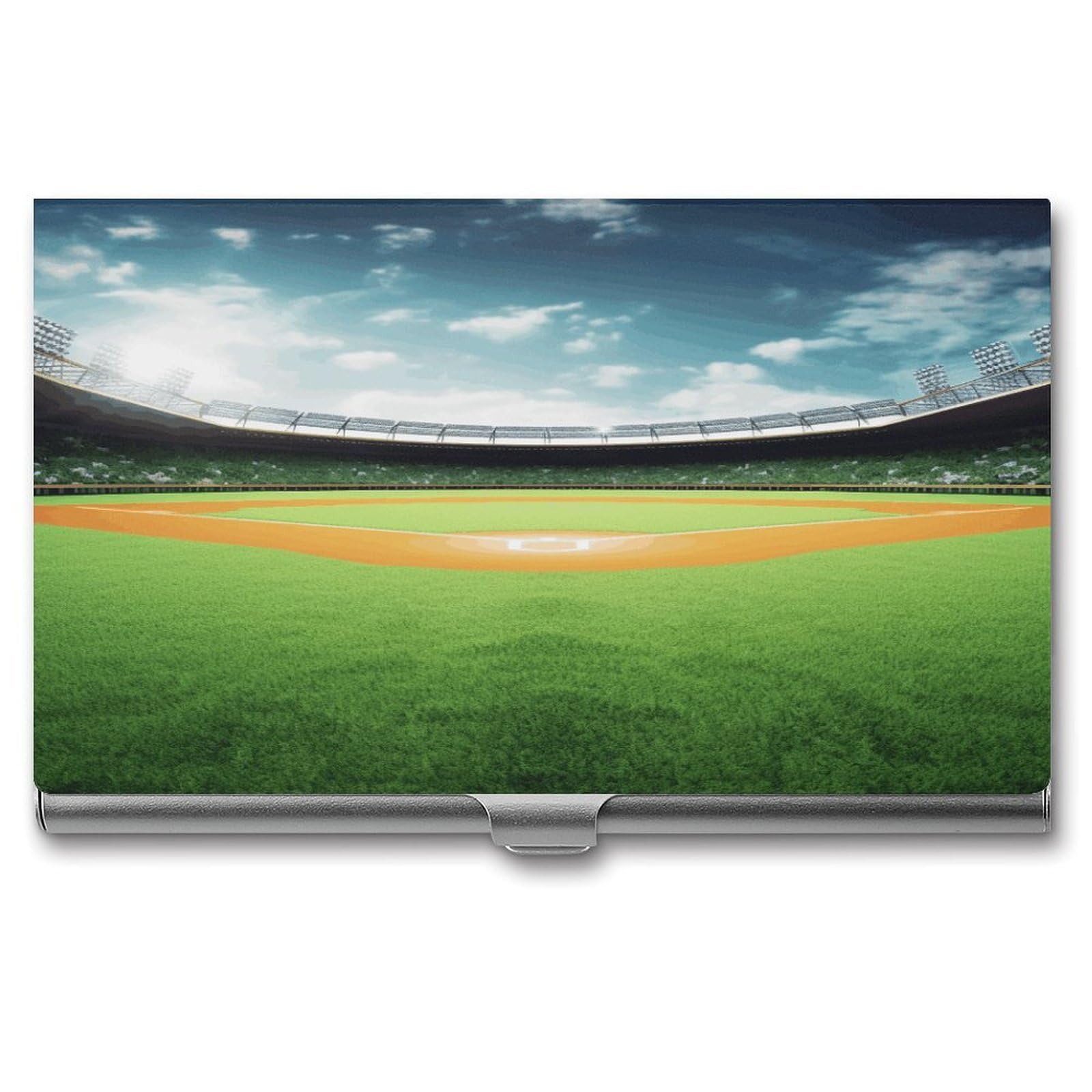 JTREHY Green Baseball Field Backdrop Business Card Holder Slim Purse Name Card Holder Portable Metal Business Card Case Wallet Large Capacity Lightweight Business Card Case for Men Women