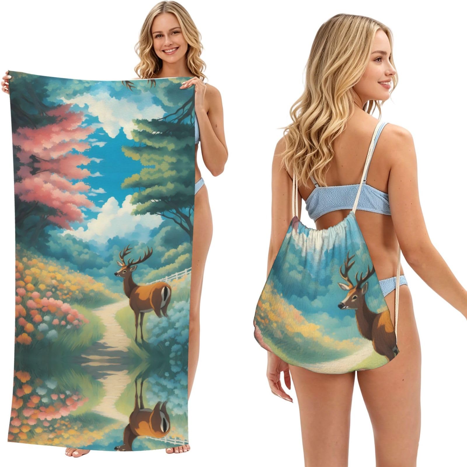 SXZVVBN cartoon deer 2-in-1 Beach Towel Bag, Quick Dry Sand Free Travel Towel Backpack for Adults