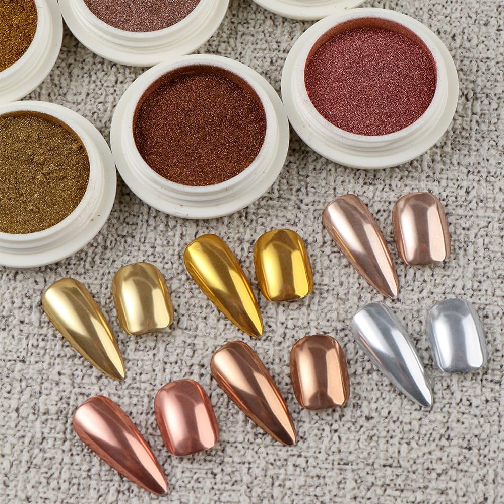 6PCS Chrome Nail Powder Metallic Mirror Pigment Glitter Effect Holographic Powder for Nails, Rose Gold Silver Champagne Rubbing DIY Dust for Nail Designs Decoration Supplies