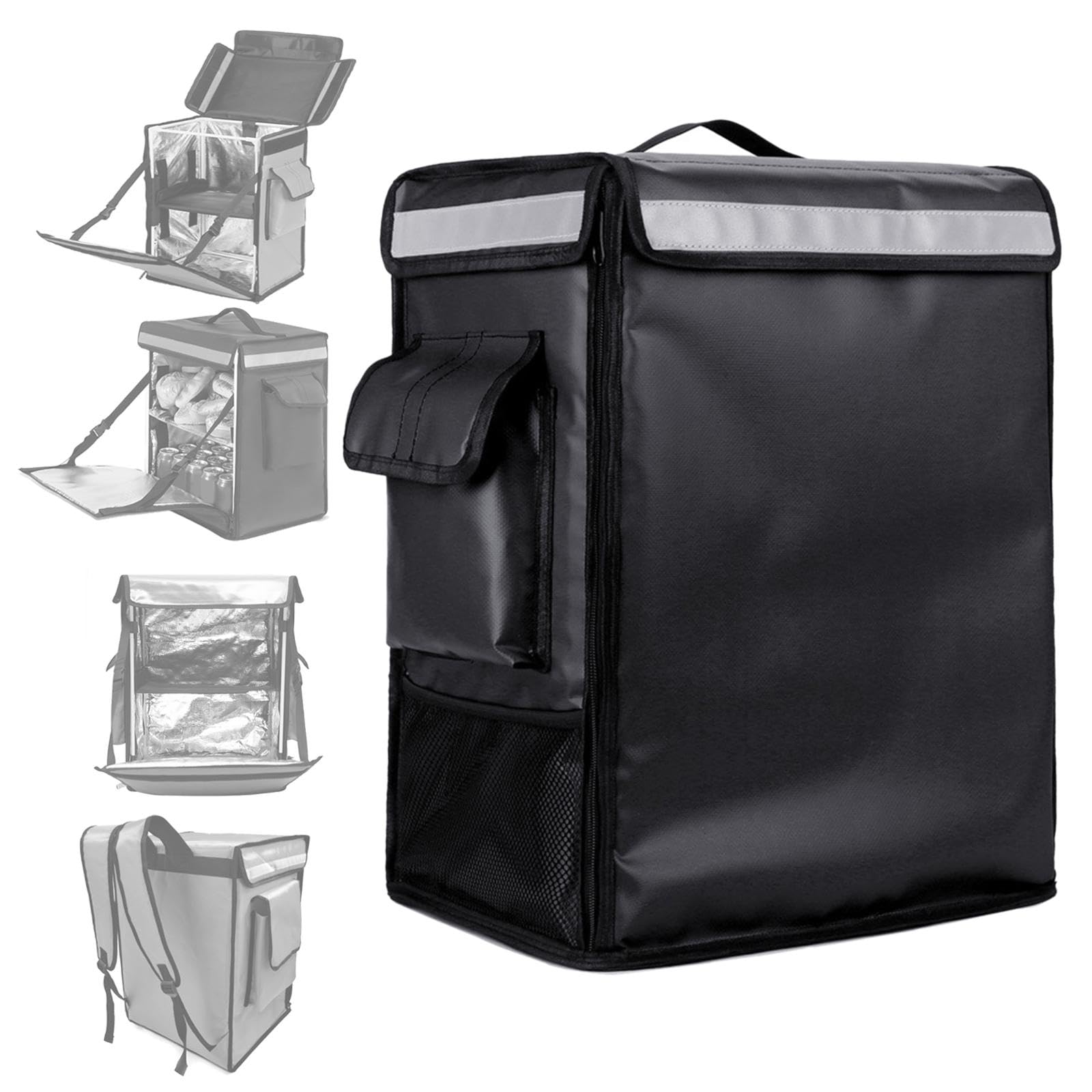 Mochila Térmica para Reparto de Comida, Apta para Comidas Frías Y Calientes, con Bolsillos de Malla, Negro, Individual