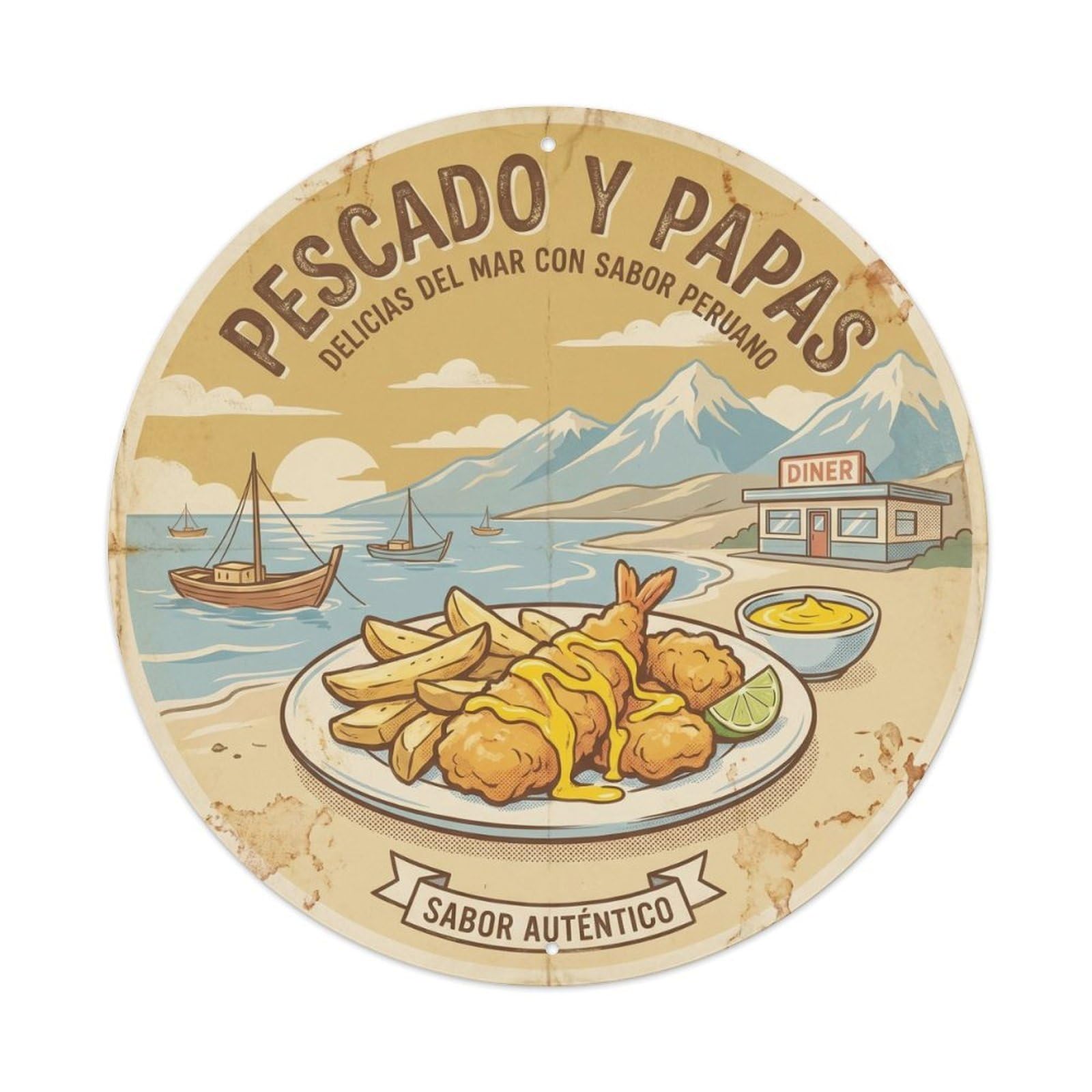 Peru Seaside Fish Chips Heritage Culture Metal Tin Sign