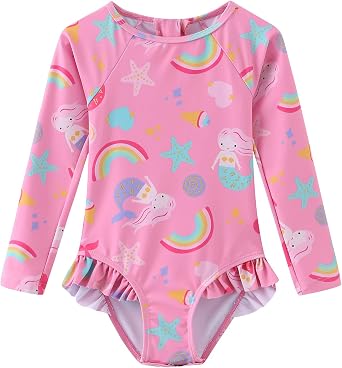 Baby Girls One Piece Swimsuits Long Sleeve Bathing Suits UPF 50+/Sun Protection Rash Guard Shirts