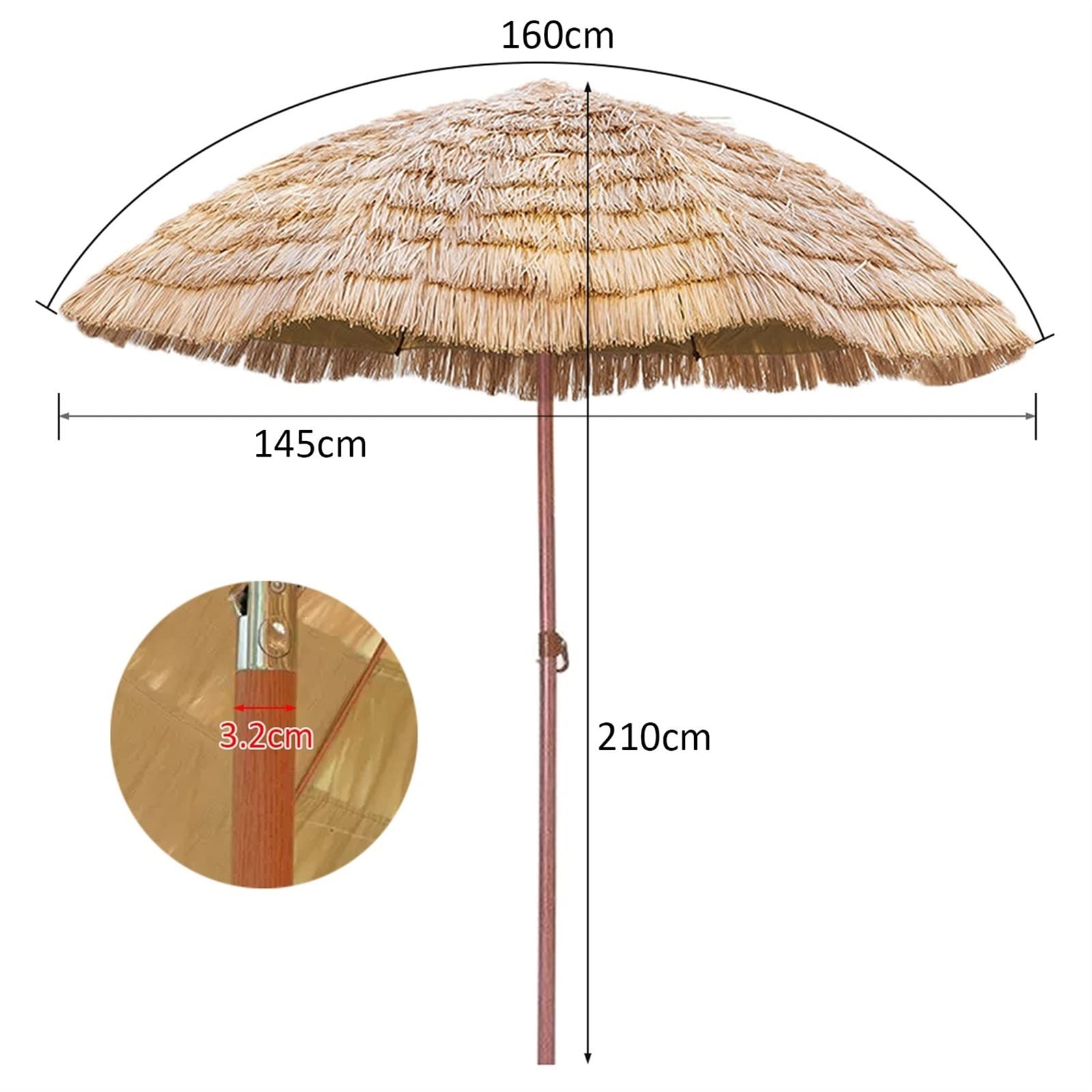 Rund Ø145cm Strandschirm Neigbar Tropisch Hawaiischirm Simulation Strohgedecktes Dach UV-Schutz for Garten Außenbereich