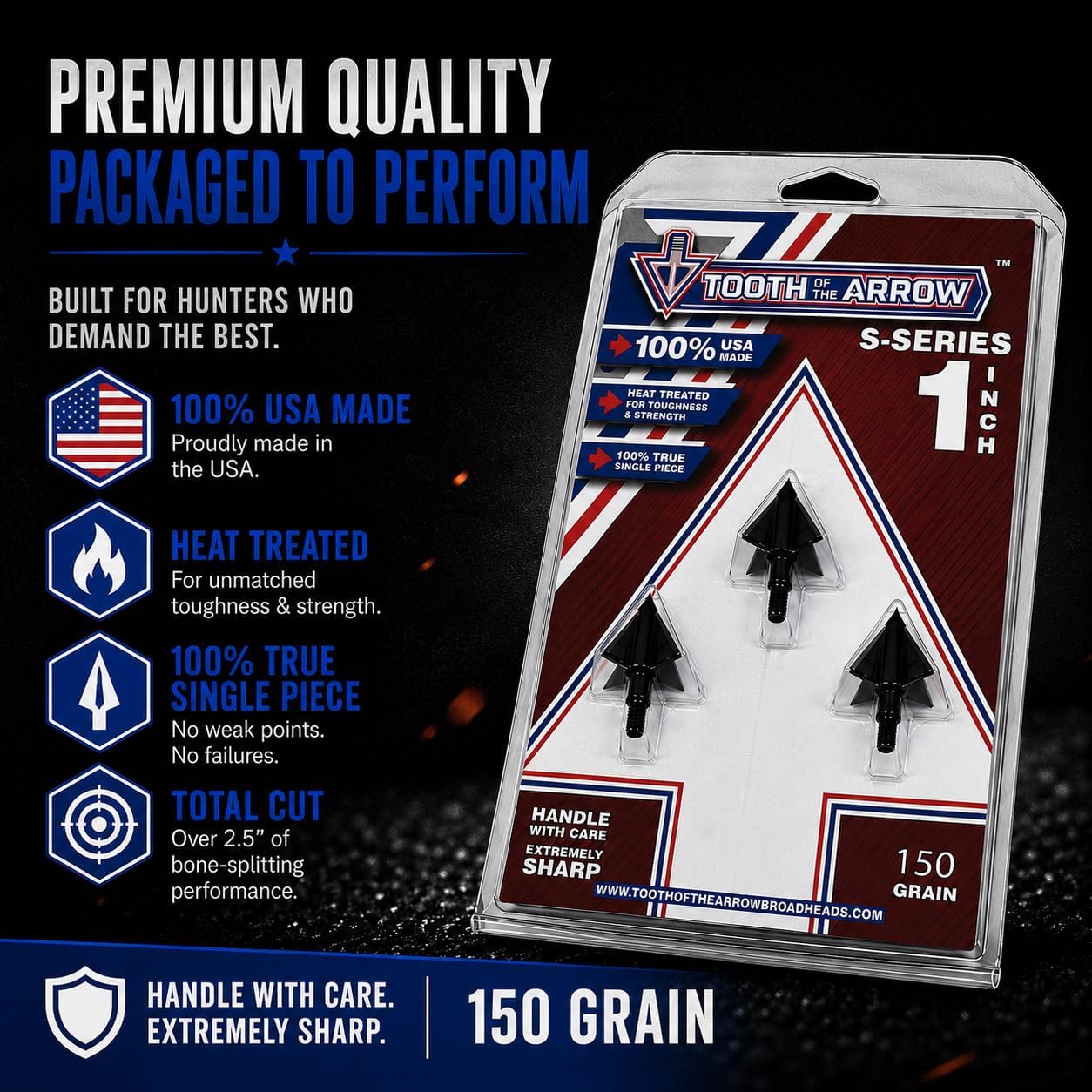 Tooth Of The Arrow Broadheads - 150 Grain - 100% USA Made - Broadhead for Crossbow and Compound Bow - Premium Archery Broadheads for Hunting - Fixed Blade - 3 Pack