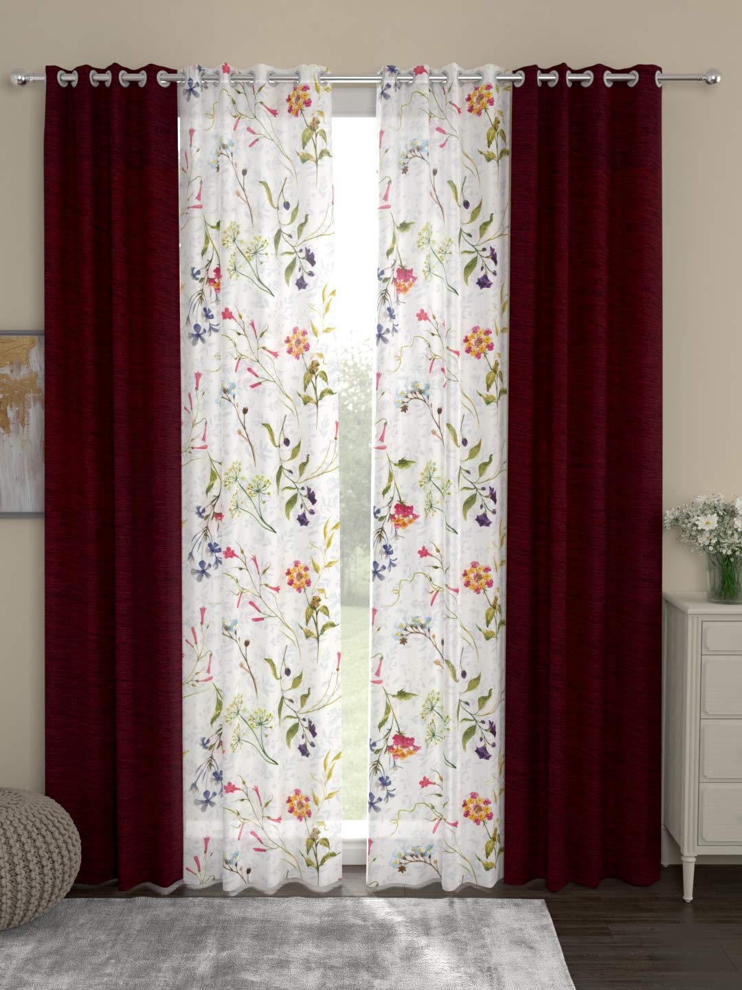 ROSARAHOME Polyester Floral Pack of 4 Regular and Sheer Door Grommet Curtains -7 Feet,Multicolor