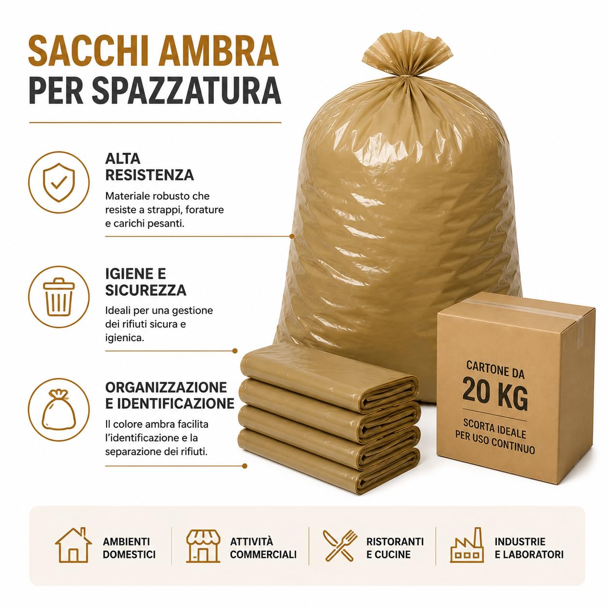 Sacchi Ambra per Spazzatura Alta Resistenza, Sacchi per Immondizia Professionali per Raccolta Rifiuti, Cartone da 20 Kg, misure 90 x 120 cm