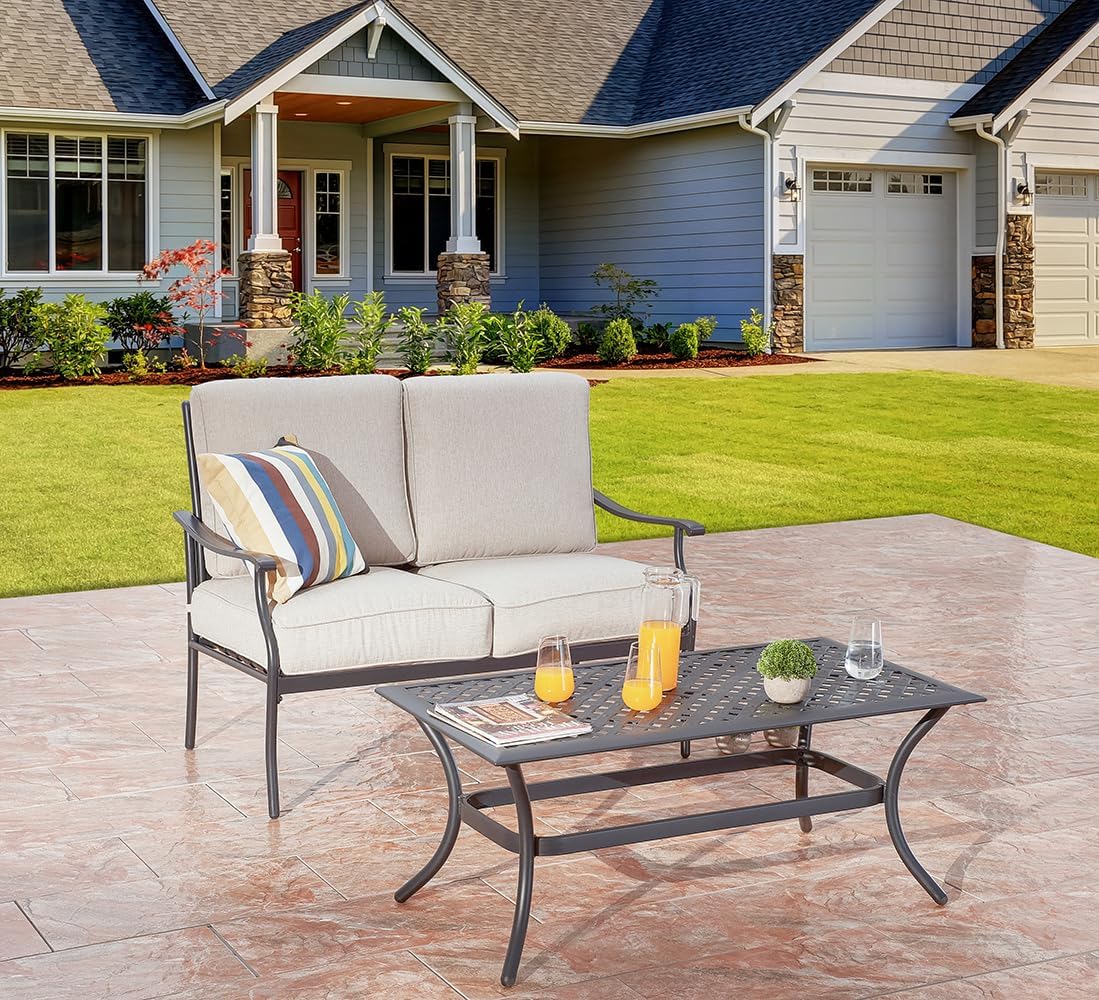 Patio Loveseat with Coffee Table Outdoor Conversation Loveseat Porch Furniture Set Sofa for Balcony, Backyard, and Deck with Soft Cushions and Metal Table (White)