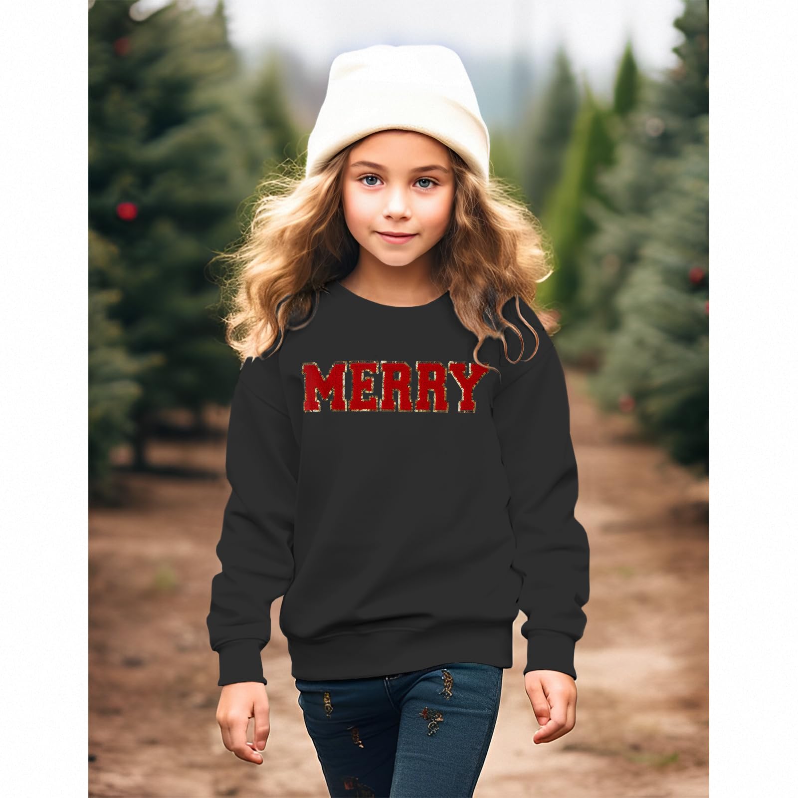CM C&M WODRO Sudadera de Navidad para niñas de 7 a 12 años, con parche de chenilla, para Navidad, vacaciones, cuello redondo, camiseta de manga larga