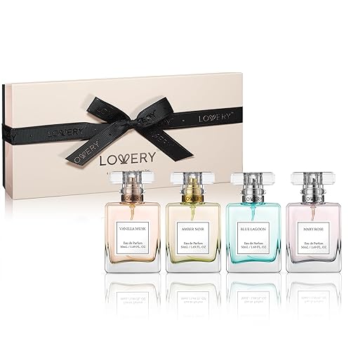 LOVERY Perfume para mujer, set de regalo de perfume para mujer, 4 muestras con almizcle de vainilla, ámbar negro, laguna azul y fragancias Mary