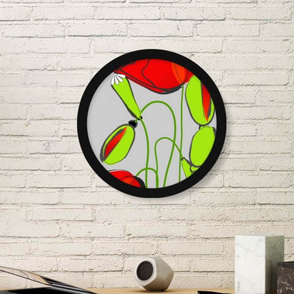 Peinture de pavot résumé art cadre bois rond noir fleurs rouges décoration