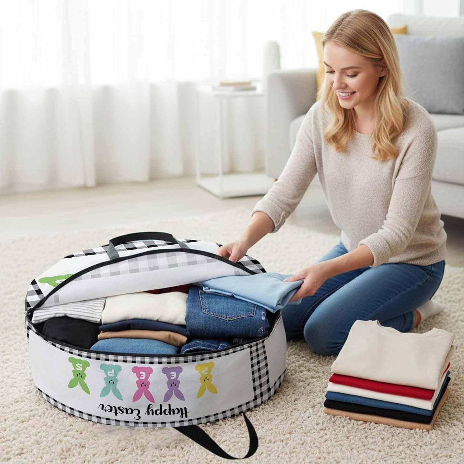 30 Inch Round Storage Bag 1 Pack,Happy Easter Colorful Bunny Peeps Waterproof Wreath Storage Container with Handles&Zipper Black and White Lattice Grid Closet Organizer Bags Garland Box